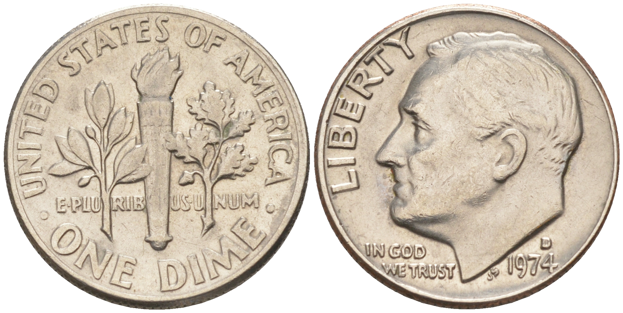 США 10 центов (дайм) 1974 D, Франклин Рузвельт KM 195а медь плакированная медно-никелем 188-411