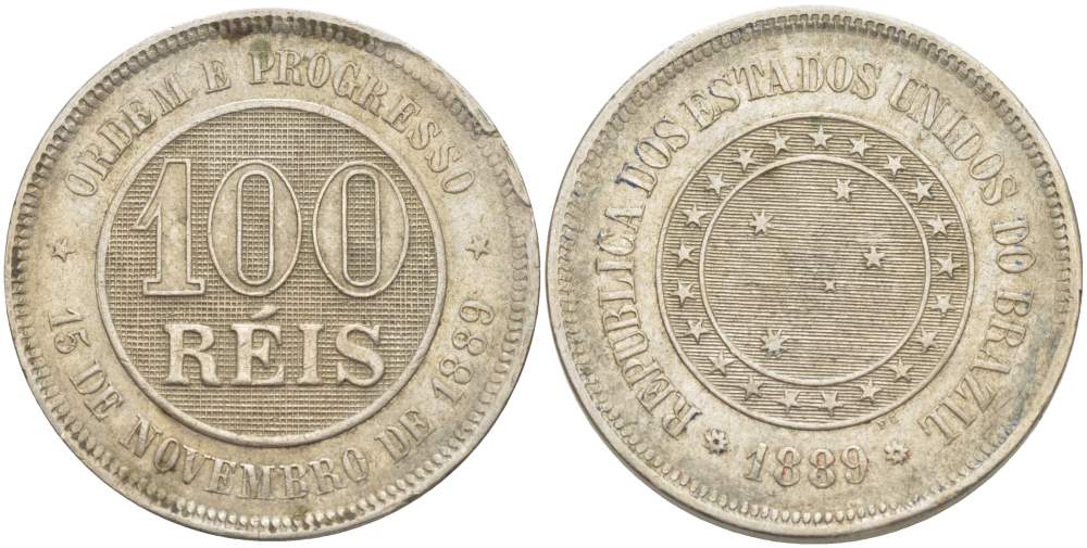 БРАЗИЛИЯ 100 РЕЙС 1889 РЕСПУБЛИКА KM 483 медно-никель 4529-535
