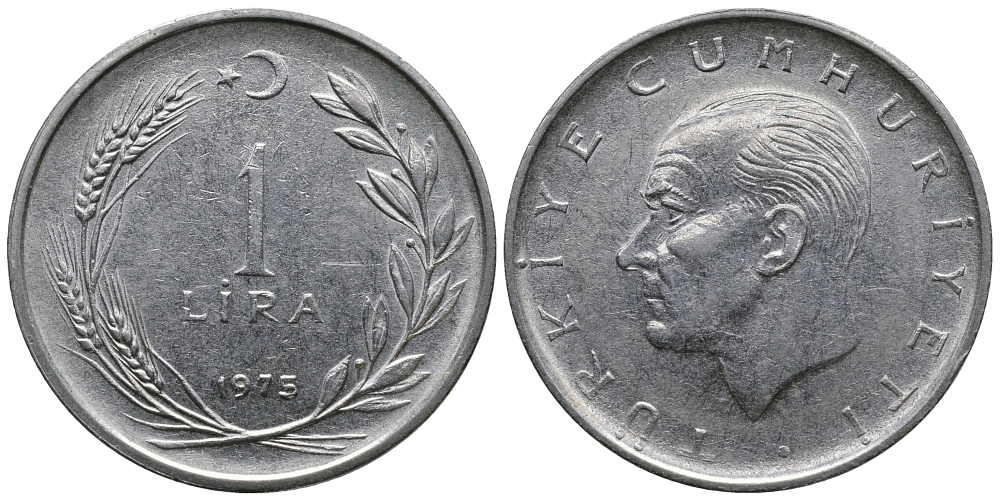 Турция 1 лира 1975 Мустафа Кемаль Ататюрк KM 889а.2 нержавеющая сталь 47-223