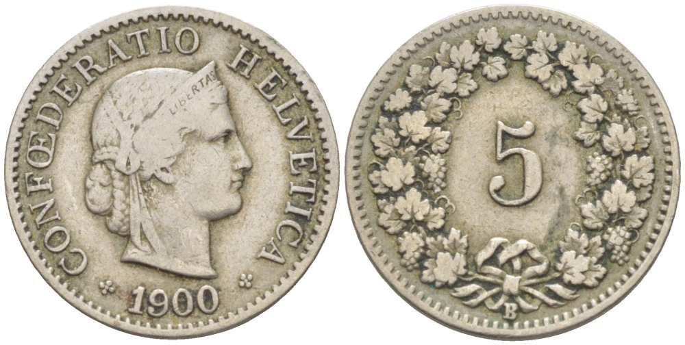 ШВЕЙЦАРИЯ 5 РАППЕНОВ 1900 В KM 26 медно-никель 3955-1121