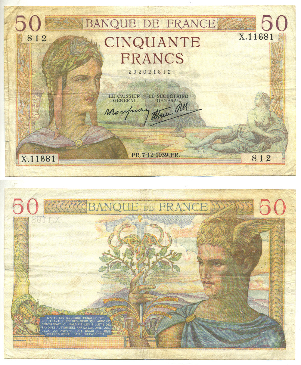 ФРАНЦИЯ 50 ФРАНКОВ 1939 7 ДЕКАБРЯ 1939 Pick 85b бумага 3295-26-1-2