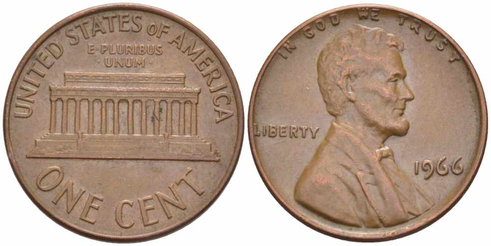 США 1 ЦЕНТ 1966 ЛИНКОЛЬН KM 201 медь цинк 105-568