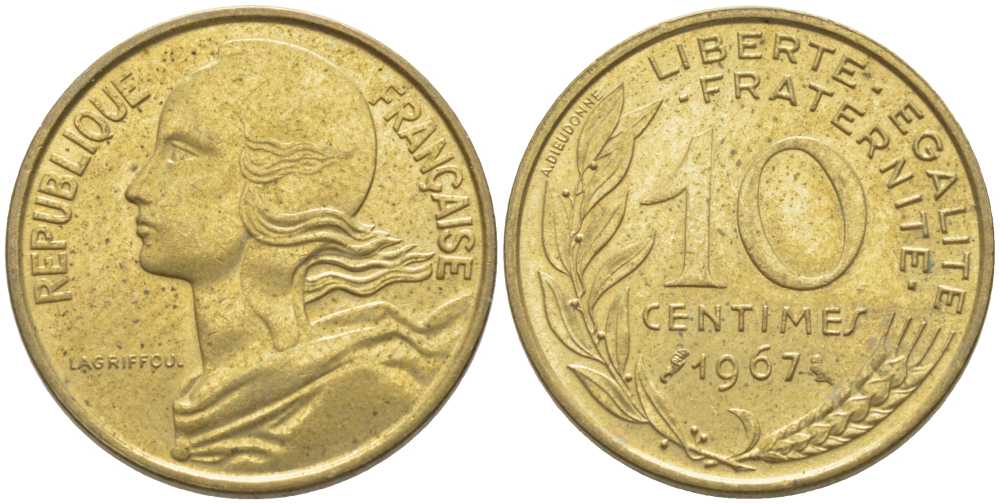 ФРАНЦИЯ 10 САНТИМОВ 1967 ТИП MARIANNE KM 929, LE FRANC 144.7 медь алюминий никель 116-421