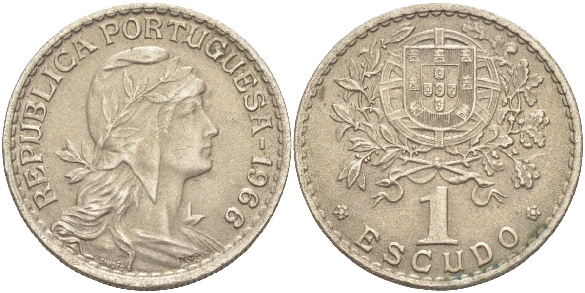 Португалия 1 эскудо 1966 голова Свободы вправо KM 578 медно-никель 00-00