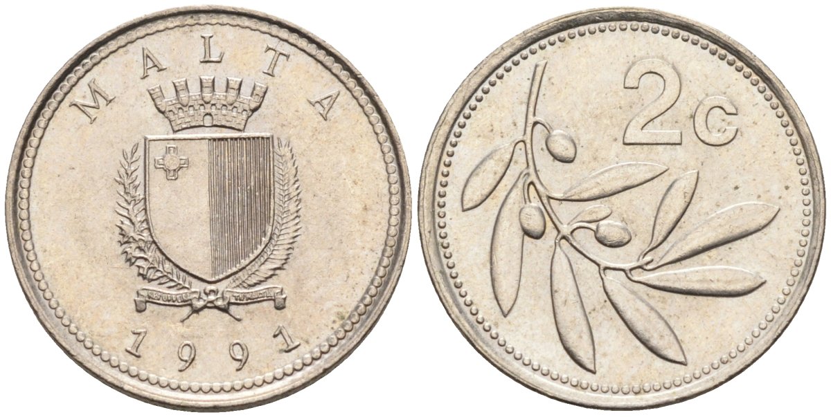 Мальта 2 цента 1991 оливковая ветвь KM 94 медно-никель 4585-1266