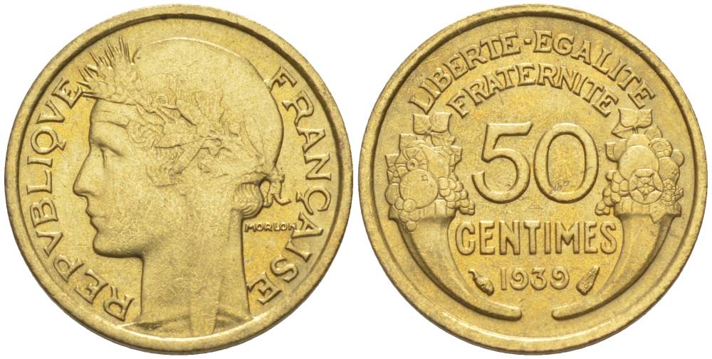 ФРАНЦИЯ 50 САНТИМОВ 1939 ТИП MORLON KM 894.1, LE FRANC 192.15 алюминиевая бронза 44-848