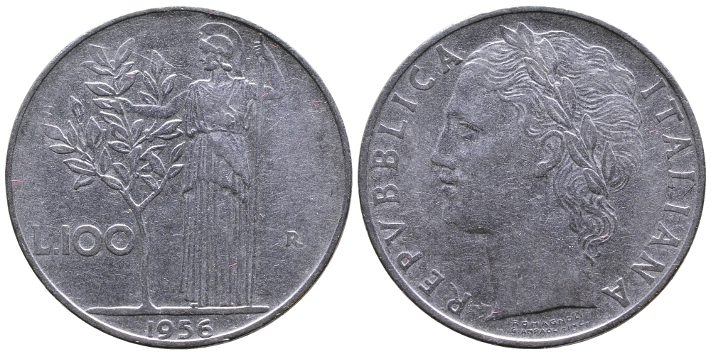 ИТАЛИЯ 100 ЛИР 1956 R, АФИНА KM 96.1 нержавеющая сталь 3334-932