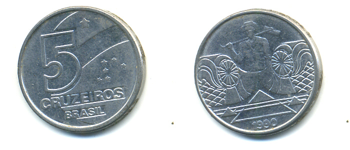 Бразилия 5 крузейро 1990 фермер KM 618.1 нержавеющая сталь aUNC 93-967