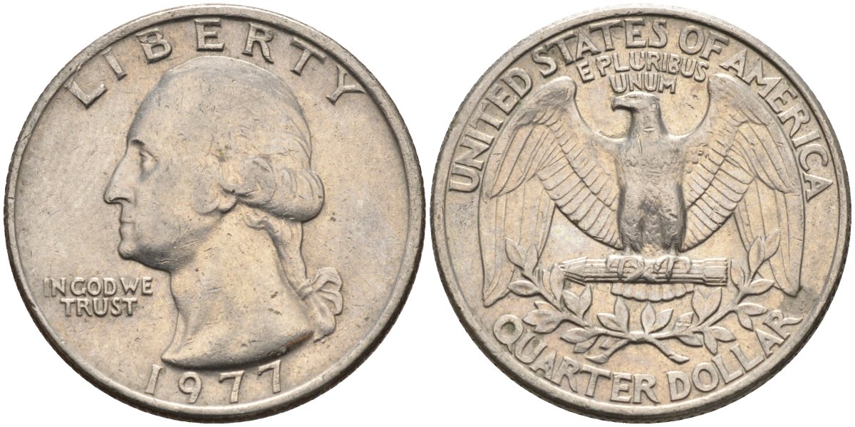 США 25 центов (квотер) 1977 Вашингтон KM A164a медь плакированная медно-никелем 4584-1054