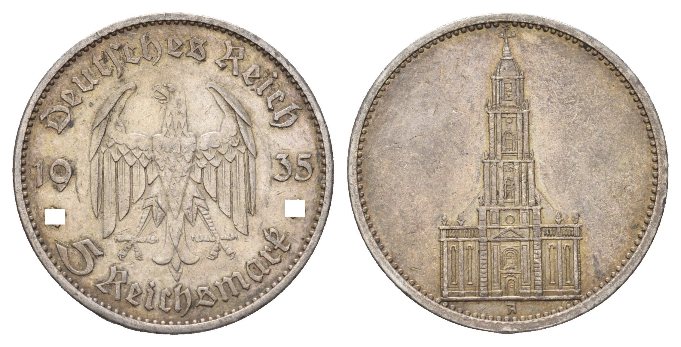 Германия 5 рейхсмарок 1935 A, 1 год нацистскому режиму, Гарнизонная церковь в Потсдаме KM 83, J. 357 серебро 633-1211