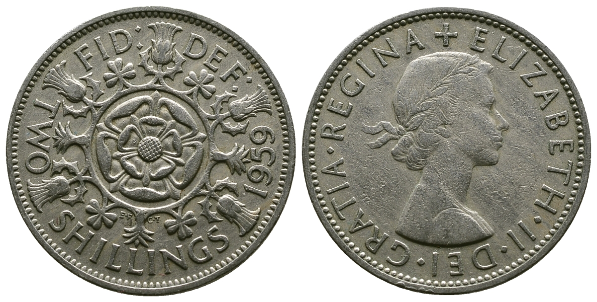 Великобритания 2 шиллинга (флорин) 1959 Елизавета II (1952-2022) KM 906, Spink 4146 медно-никель 4382-212