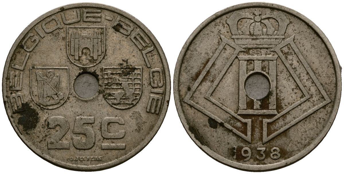 Бельгия 25 сантимов 1938 Belgique - Belgie KM 114 никель латунь 4583-843