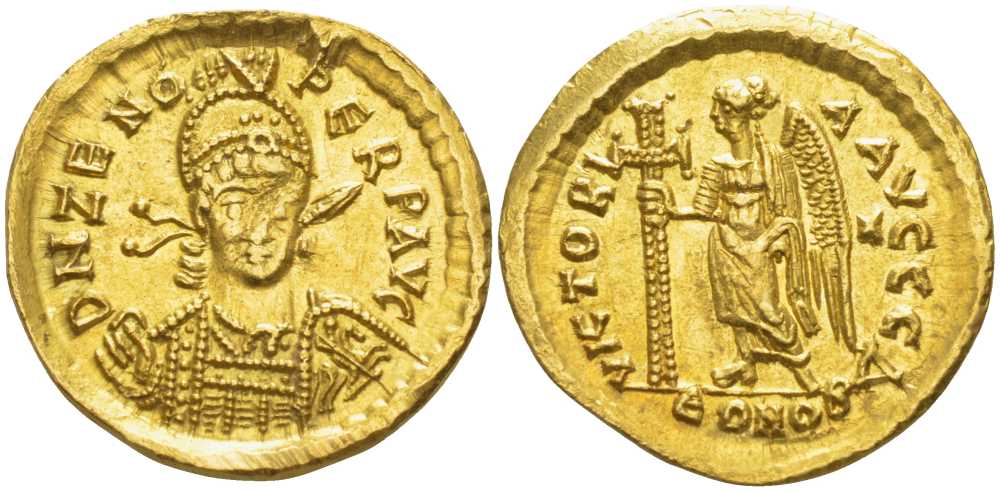 Римская Империя солид 476 - 491 Зенон, DN ZENO PERP AVG император в шлеме и доспехах с копьем на плече / VICTORIA AVGGG, Виктория с длинным крестом, Константинополь, about Extremely fine , 4,46 гр RIC 910 золото 00-000-00