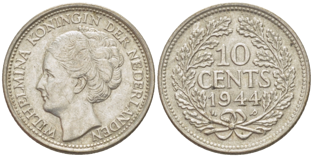 Нидерланды 10 центов 1944 Вильгельмина (1890-1948) KM 163 серебро aUNC 46-1213