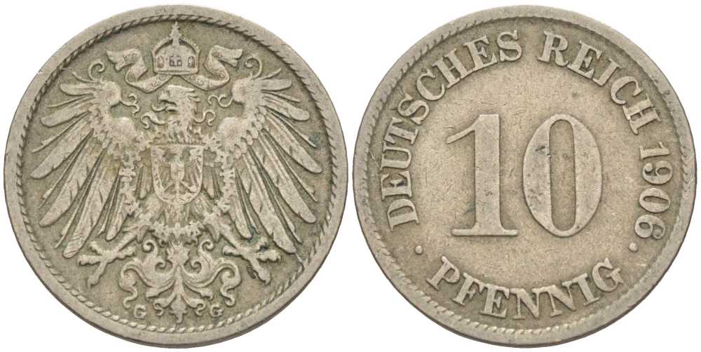 ГЕРМАНИЯ 10 ПФЕННИГОВ 1906 G KM 12, J. 13 медно-никель 34-744