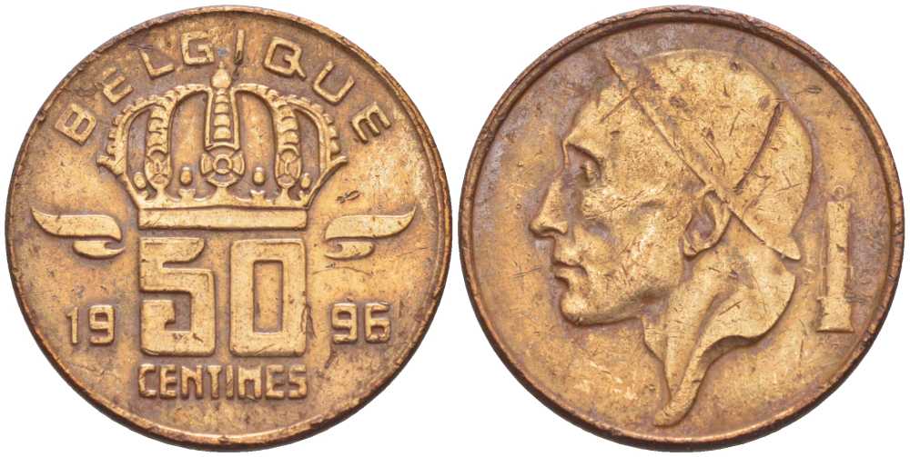 БЕЛЬГИЯ 50 САНТИМОВ 1996 BELGIQUE, БОДУЭН I (1951-1993) KM 148.1 бронза 214-667