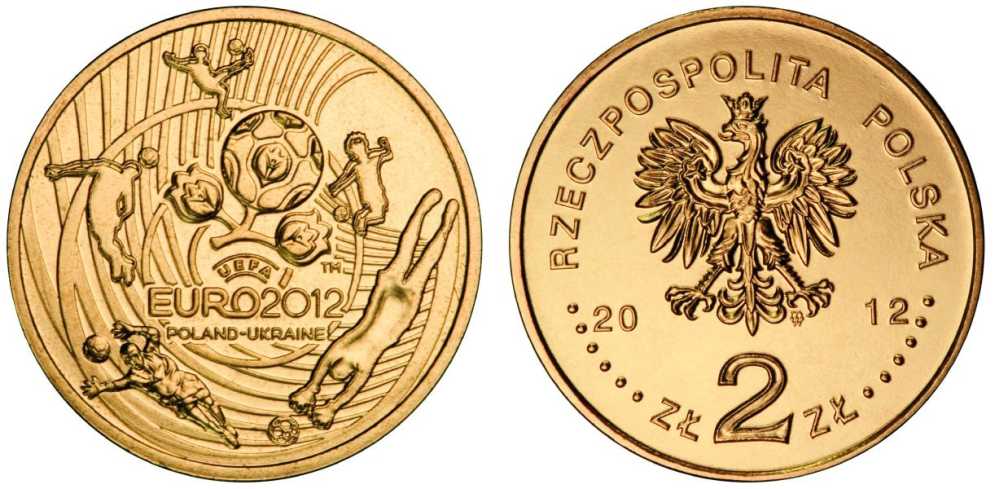 Польша 2 злотых 2012 MW, чемпионат Европы по футболу, евро 2012, УЕФА, Польша-Украина KM 823 нордик UNC M48-20