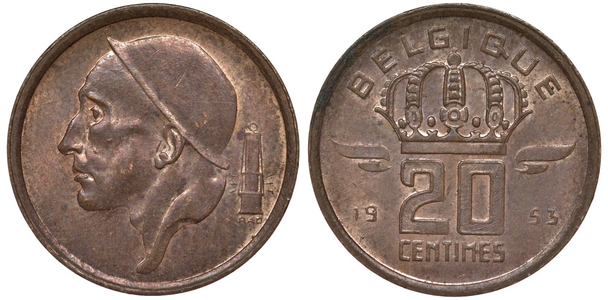 Бельгия 20 сантимов 1953 Belgique KM 146 бронза 4164-159