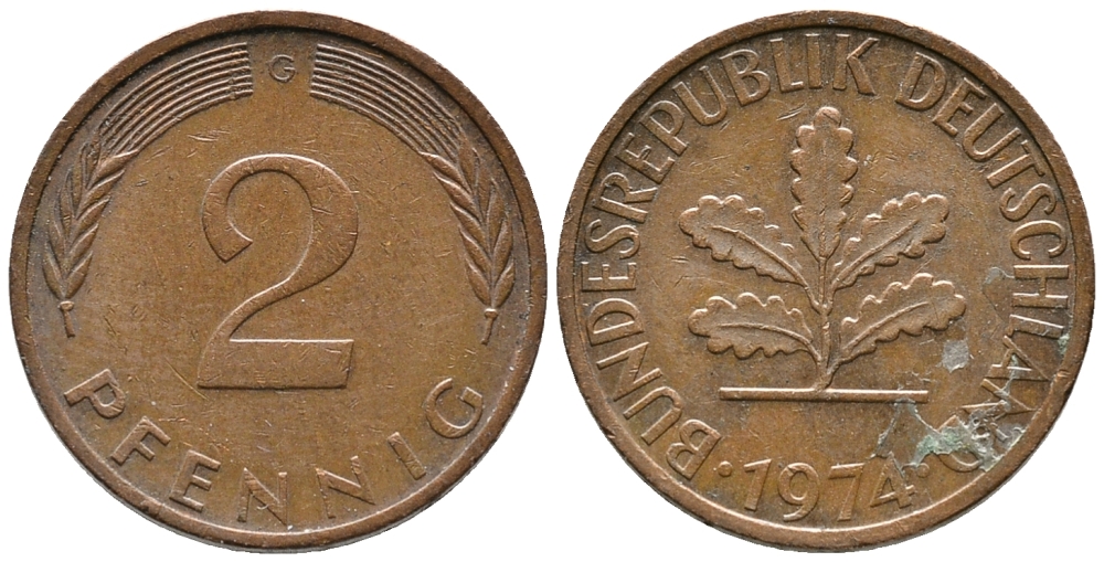 ФРГ 2 ПФЕННИГА 1974 G KM 106a, J.381a сталь плакированная сталь плакированная медьюю 39-817