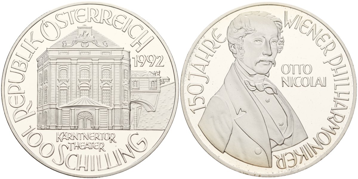 Австрия 100 шиллингов 1992 150 лет Венской филармонии - Отто Николаи, в коробке, с сертификатом подлинности KM 3005 серебро PROOF 3-4-4-10