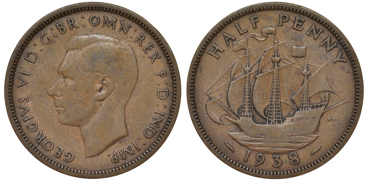 Великобритания 1/2 пенни 1938 Георг VI (1936-1952) KM 844, Spink 4115 бронза 4128-853