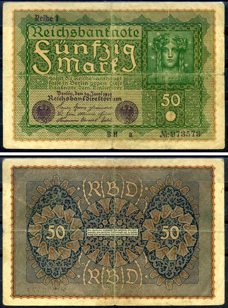 Германия 50 марок 1919 24 июня 1919, reihe I, серия BH, выпуск с ноября 1919 года Pick 66 (1), Rosenberg 62аа бумага 8619-26-1-2