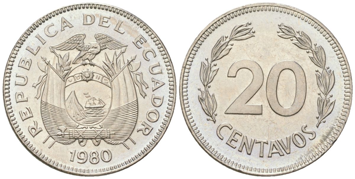 Эквадор 20 сентаво 1980 KM 77.2a сталь плакированная никелем aUNC 4611-717