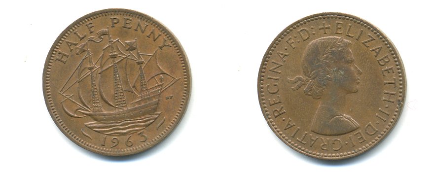 Великобритания 1/2 пенни 1963 Елизавета II (1952-2022) KM 896, Spink 4158 бронза 59-1146