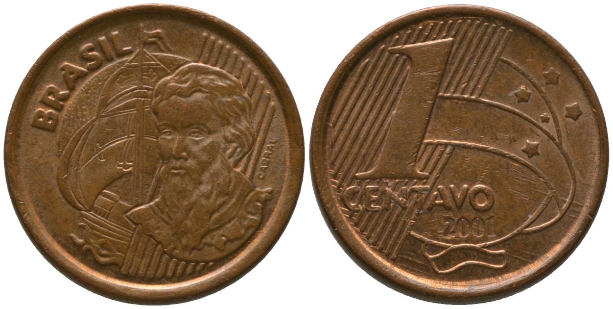 Бразилия 1 сентаво 2001 KM 647, Schon 155 сталь плакированная медью 4576-336