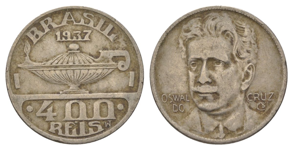 Бразилия 400 реалов 1937 Освалду Крус KM 539 медно-никель 4624-1242