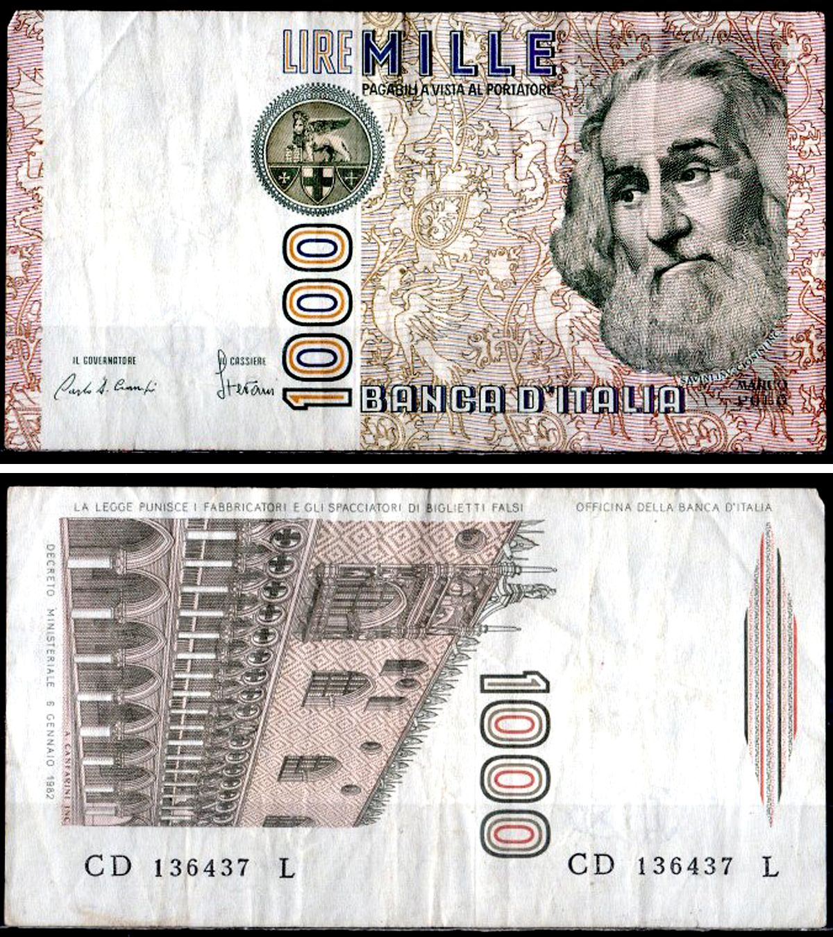 Италия 1000 лир 1982 Pick 109 a бумага 6281-45-4-1