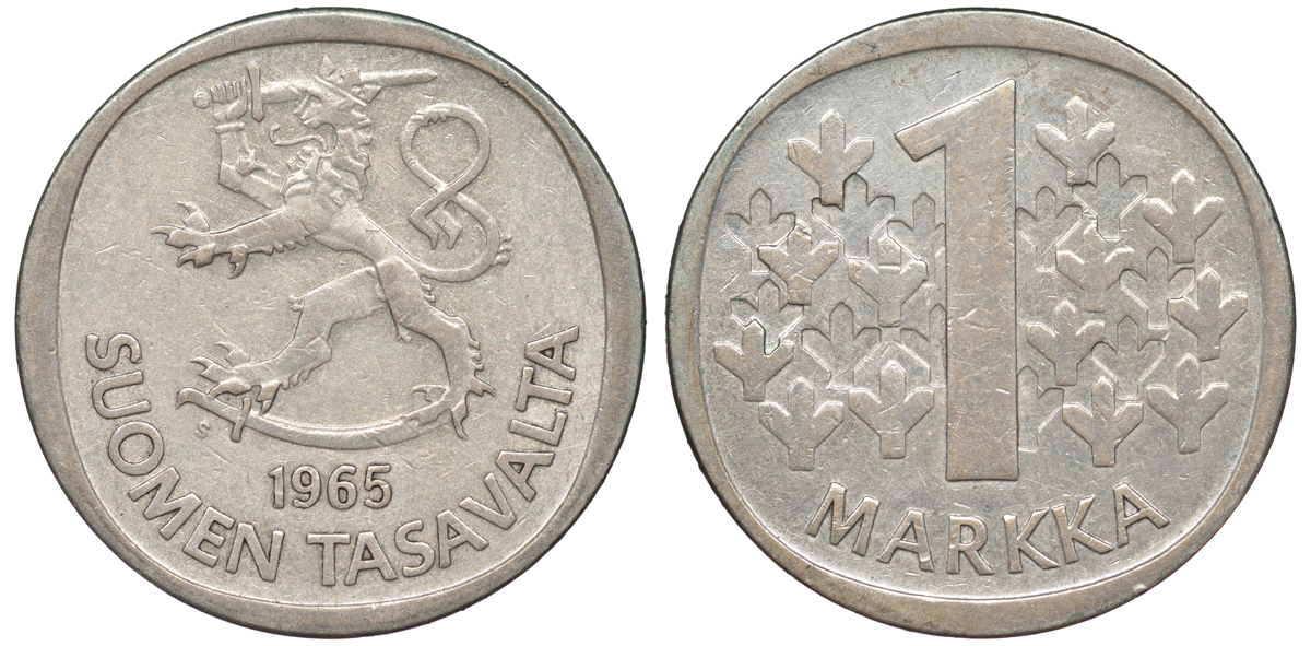 Финляндия 1 марка 1965 S KM 49 серебро 259-412