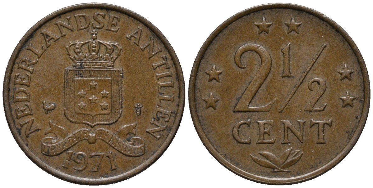 Нидерландские Антилы 2 1/2 цента 1971 Юлиана (1948-1980) KM 9 бронза 4579-916