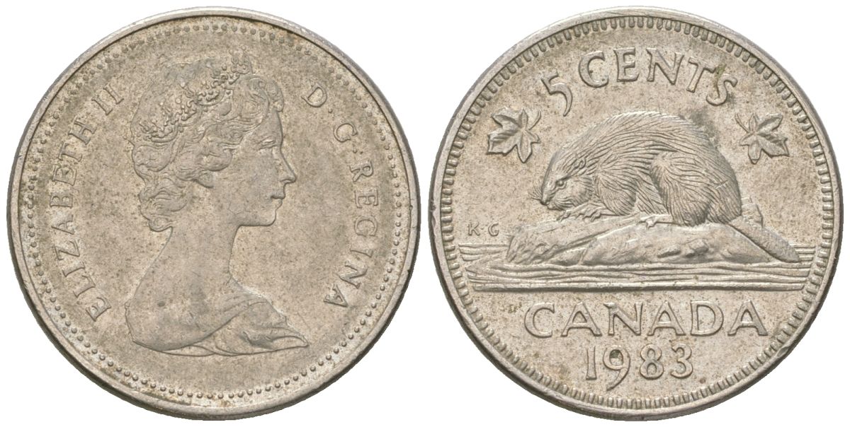 Канада 5 центов 1983 Елизавета II (1952-2022), бобр KM 60.2a медно-никель aUNC 4617-932