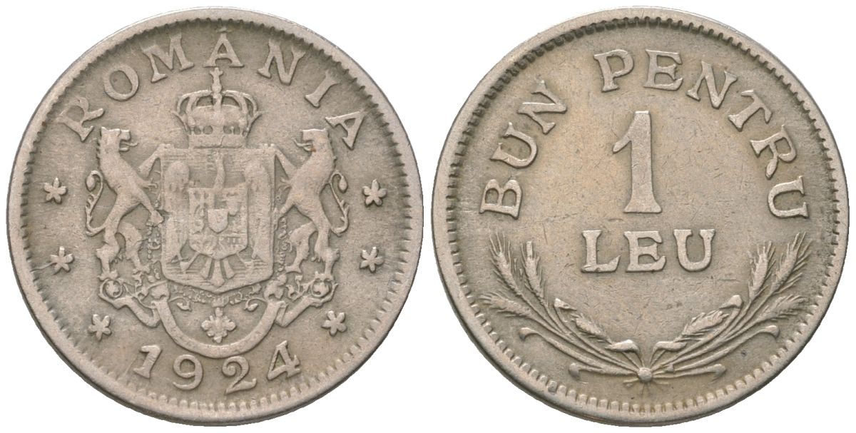 Румыния 1 лей 1924 Фердинанд I (1914-1927) KM 46 медно-никель 218-334