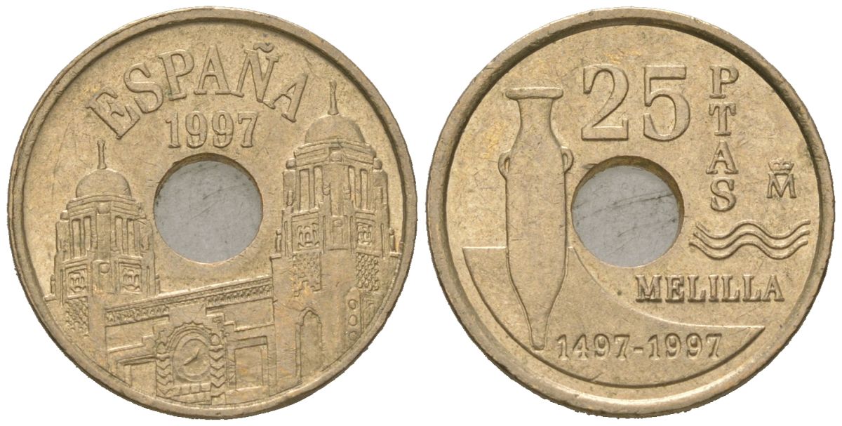 Испания 25 песет 1997 Мелилья (Melilla), Хуан Карлос I (1975-2014) KM 983 алюминиевая бронза UNC 4618-841