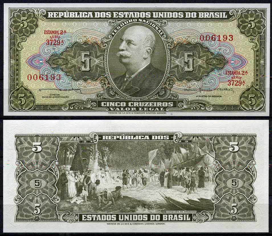 Бразилия 5 крузейро 1964 серия 3729, ESTAMPA 2A, Барао до Рио Бранко, подпись 13 Pick 176c бумага UNC (пресс) 447-15-1