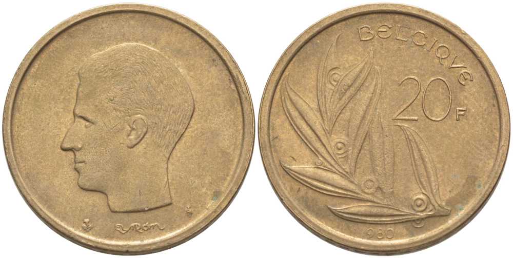 Бельгия 20 франков 1980 Belgique, Бодуэн I (1951-1993) KM 159 никель бронза 115-736