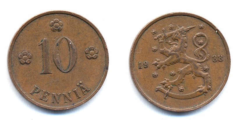 Финляндия 10 пенни 1938 KM 24 медь 51-5642