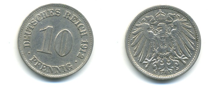 ГЕРМАНИЯ 10 ПФЕННИГОВ 1912 D KM 12, J. 13 медно-никель 4379-859