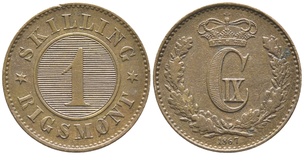 ДАНИЯ 1 СКИЛЛИНГ РИГСМОНТ 1867 КРИСТИАН IX (1863-1906) KM 774 бронза 34-527