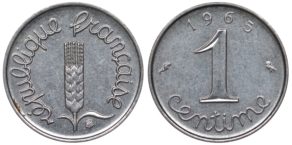 Франция 1 сантим 1965 пятая республика KM 928, Le Franc 106.10 нержавеющая сталь 4124-362