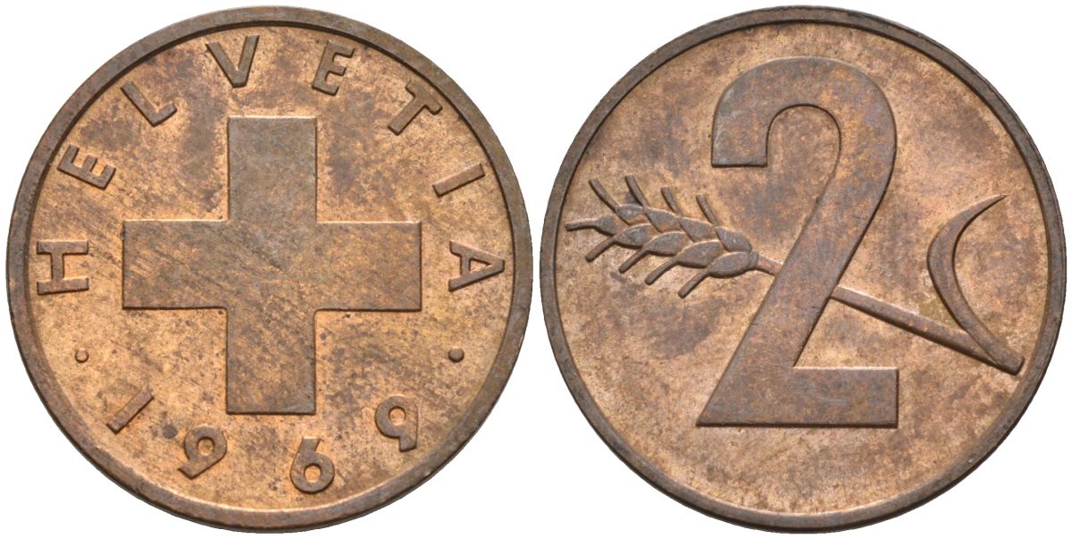 Швейцария 2 раппена 1969 KM 47 бронза 4592-611