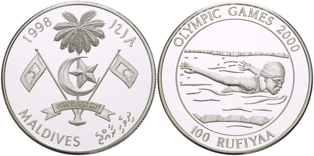 Мальдивские острова 100 руфий 1998 Олимпийские игры в Сиднее 2000 года, плавание KM 98 серебро PROOF 00-00