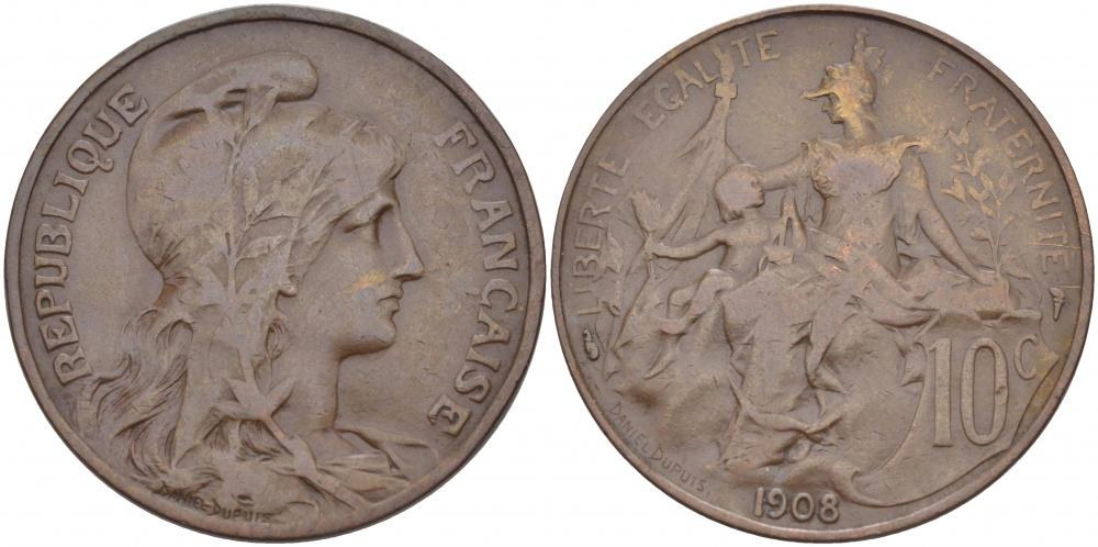 ФРАНЦИЯ 10 САНТИМОВ 1908 ТИП ДАНИЭЛЬ ДЮПЮИ KM 843, LA FRANC 136.18 бронза 3457-543