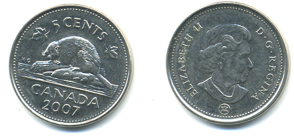 Канада 5 центов 2007 Елизавета II (1952-2022), бобер KM 491 сталь плакированная никелем 177-1263