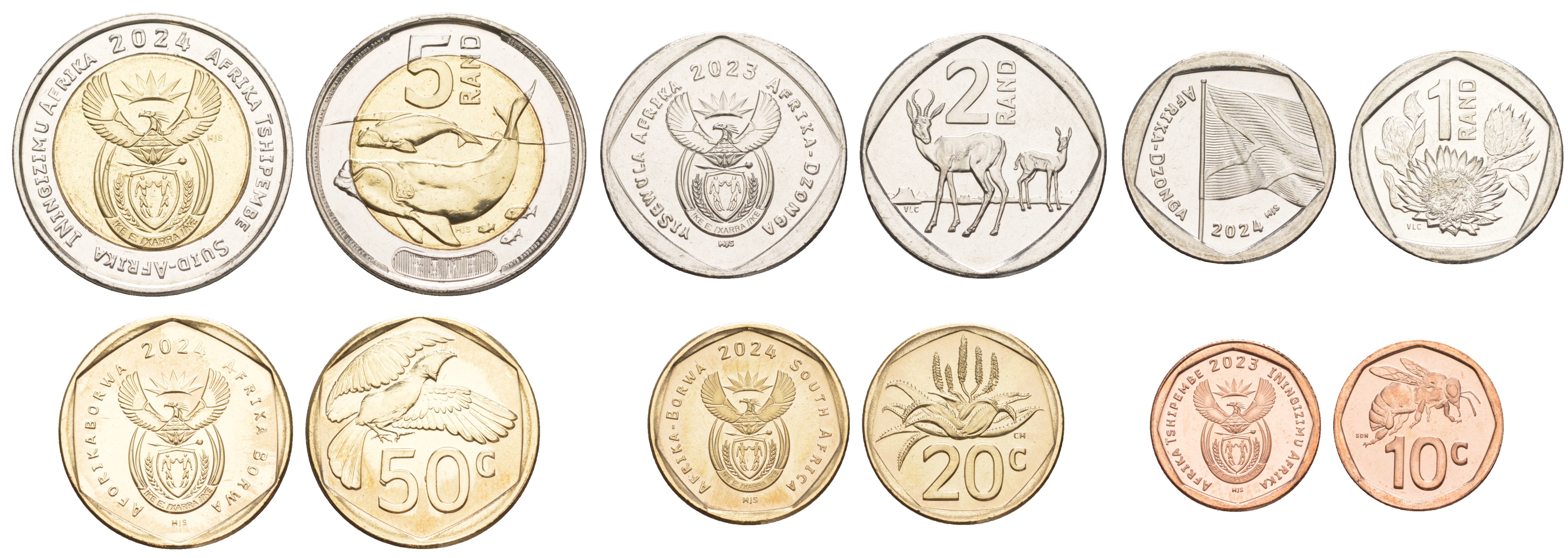 ЮАР лот из 6 монет 2023-2024 10, 20, 50 центов, 1, 2 и 5 рандов KM NEW   UNC M79-18