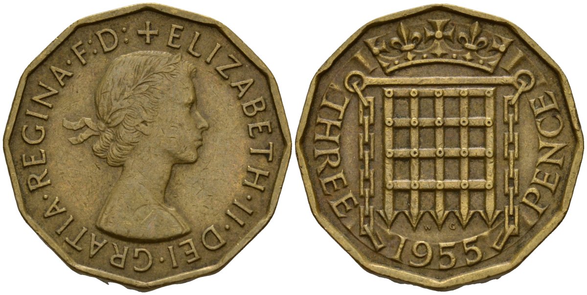 Великобритания 3 пенса 1955 Елизавета II (1952-2022) KM 900, Spink 4153 никель латунь 4187-1045