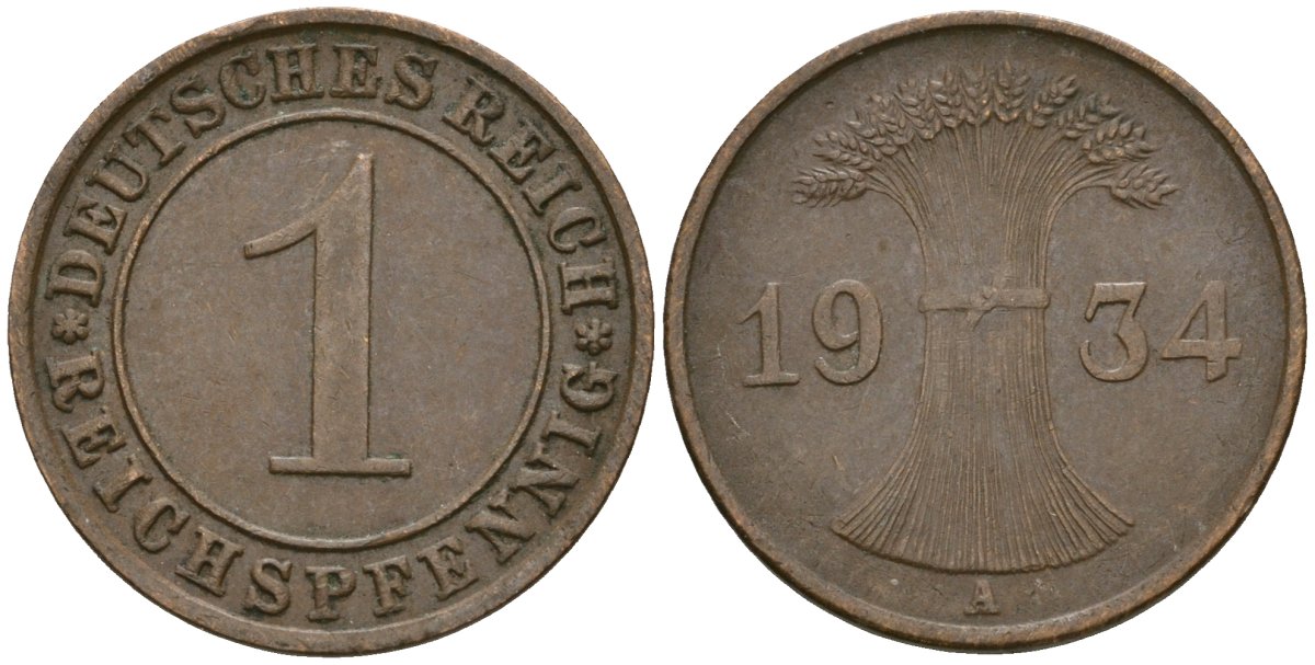 Германия 1 рейхспфенниг 1934 A KM 37, J. 313 бронза 4189-1238