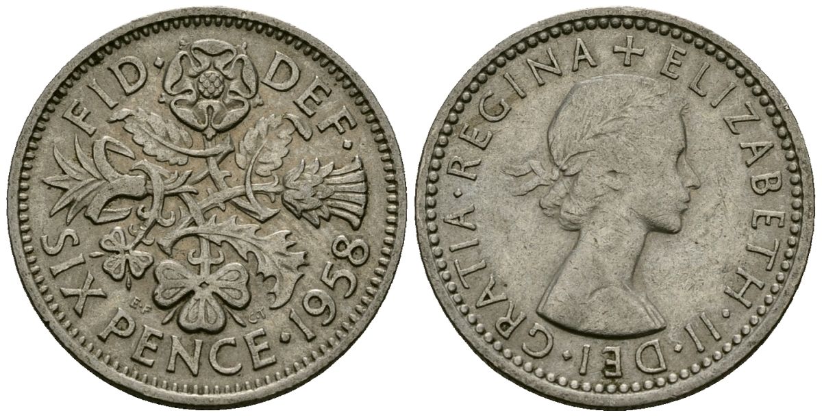 Великобритания 6 пенсов 1958 Елизавета II (1952-2022) KM 903, Spink 4149 медно-никель 4174-214